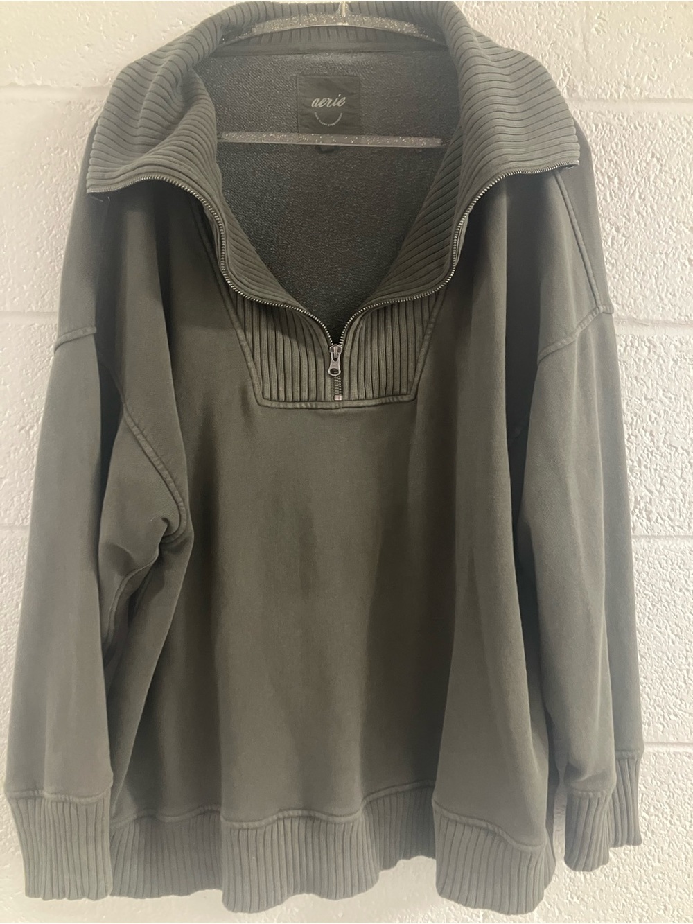aerie Olive Zip-Front Ribbed Turtleneck Sweater